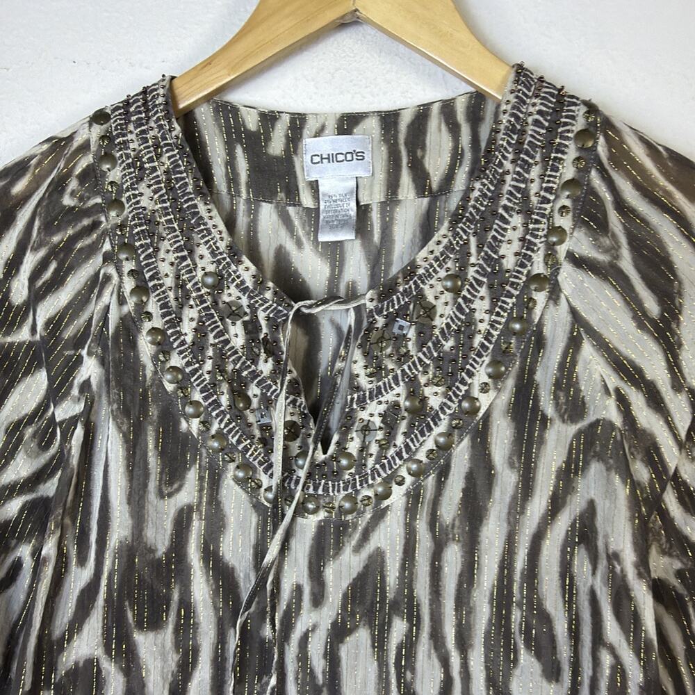 Chico's Animal Print Tunic Large silk brown gold bohemian beaded festival party - Picture 6 of 16